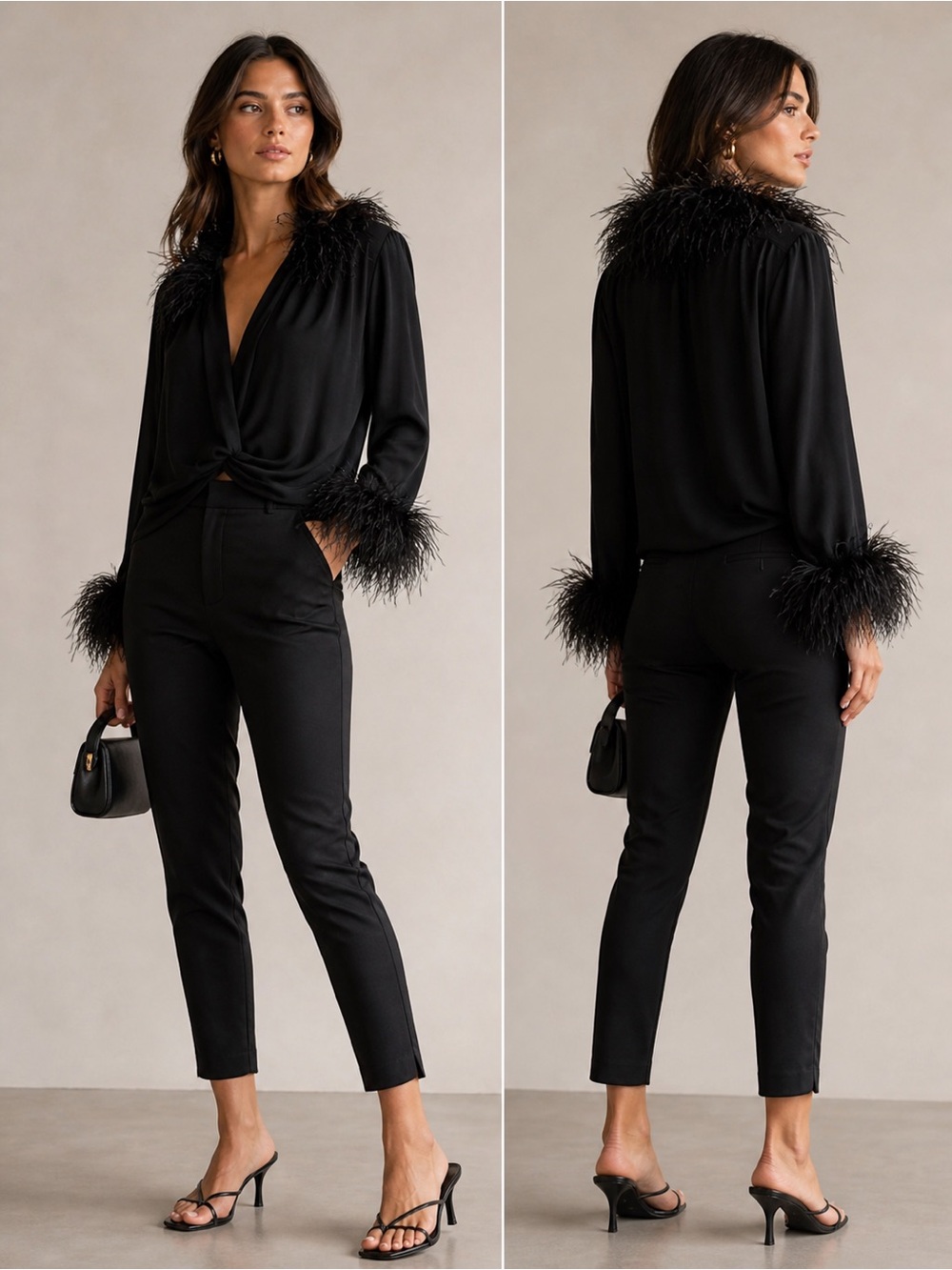 Black Feather Trim Open-Back Top